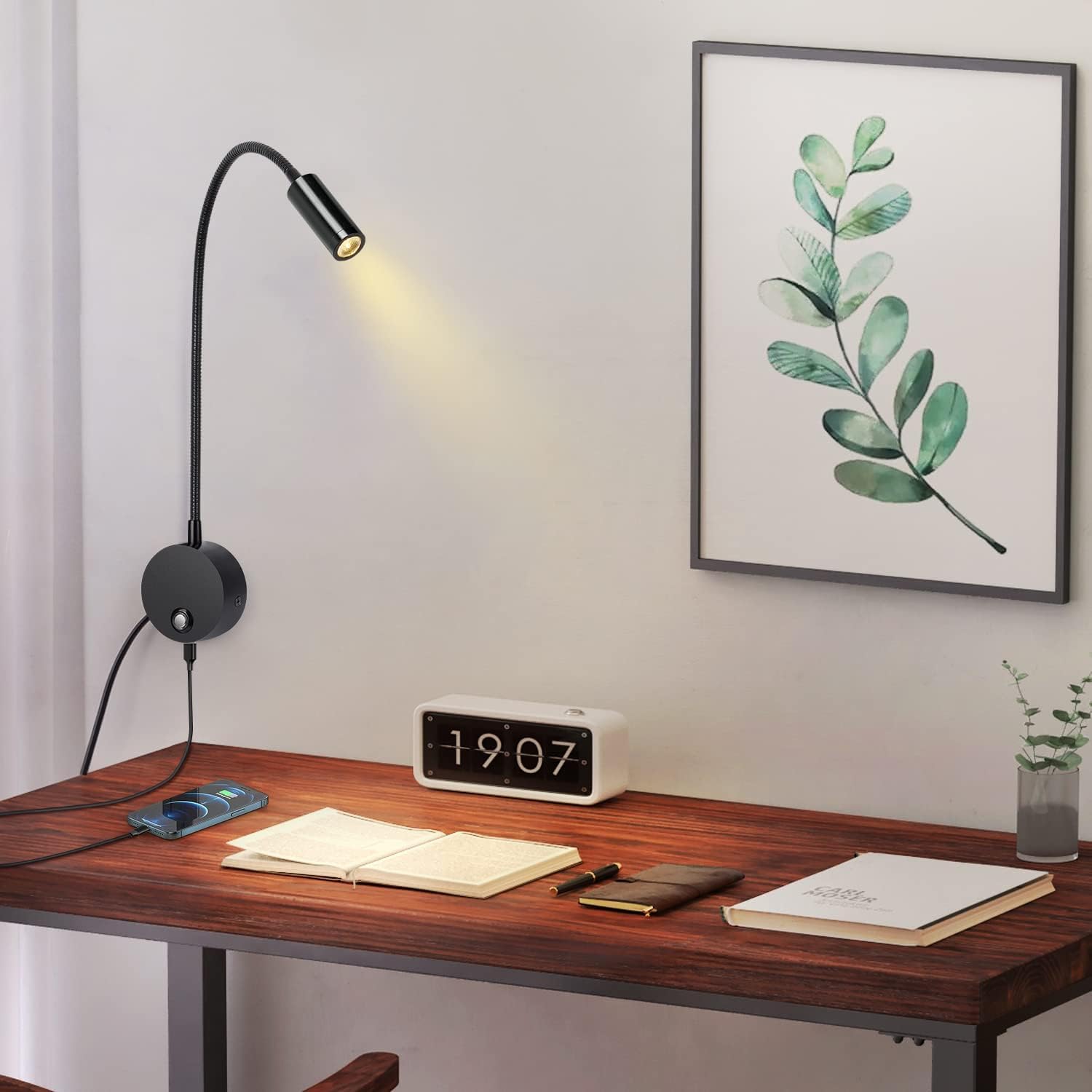 ERWEY Liseuse murale, Lampe de chevet murale LED avec interrupteur tactile dimmable et port de charge USB, 3W liseuse de lit pivotante à 360° avec prise et câble pour chambre, 3000-6000K, Noir