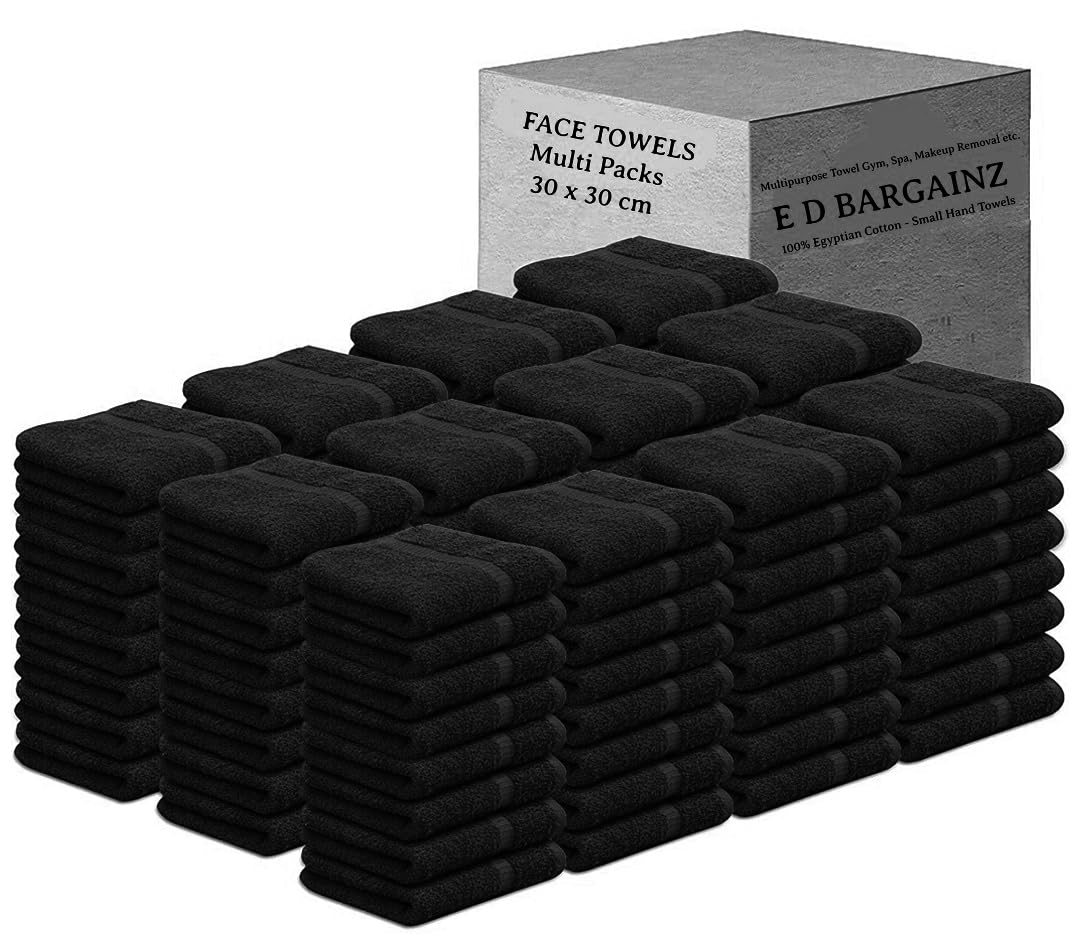 Face Cloth Pack of 6, 12, 24, 36, 48, 96 Soft Flannels Set100% Egyptian Cotton Face Towels Quick Dry Washcloths 30x30cm Gym, Golf, Spa Small Hand Towels 500-GSM (Black, 96)