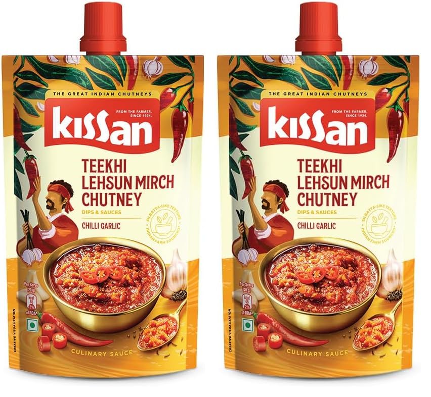 Image of Kissan Teekhi Lehsun Mirch Chutney, Chilli Garlic Chutney, 200g, For Traditional Rajasthani Flavors, With Mathania Red Chilli & Fresh Whole Garlic, Silbatta Like Texture, Ready To Eat (Pack of 2)