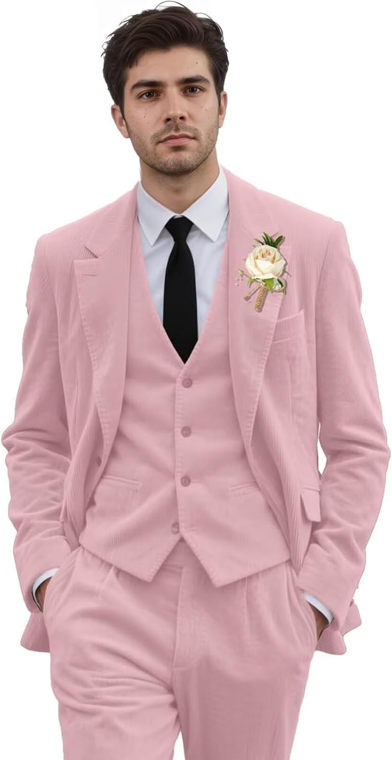 Mens Suit Slim Fit Corduroy Blazer Vest Pants Formal Suit for Men Business Wedding Groom Prom Tuxedo Dinner Party