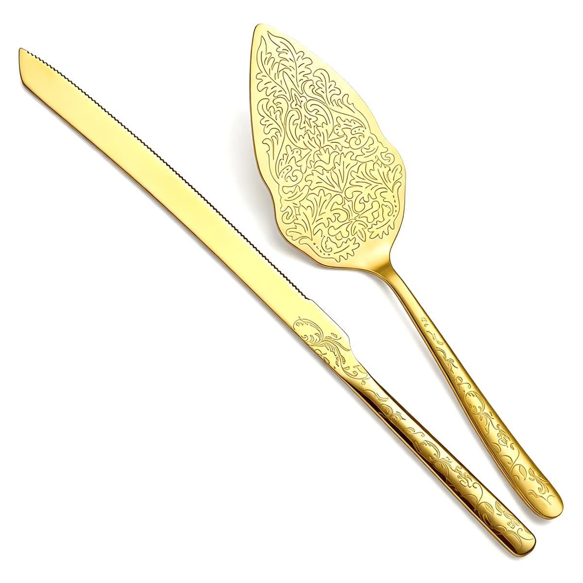 Berglander Juego de cuchillo y servidor para pastel de bodas de oro, chapado en oro de titanio con diseño de patrón único Juego de cortador de pastel para servir, perfecto para bodas, cumpleaños