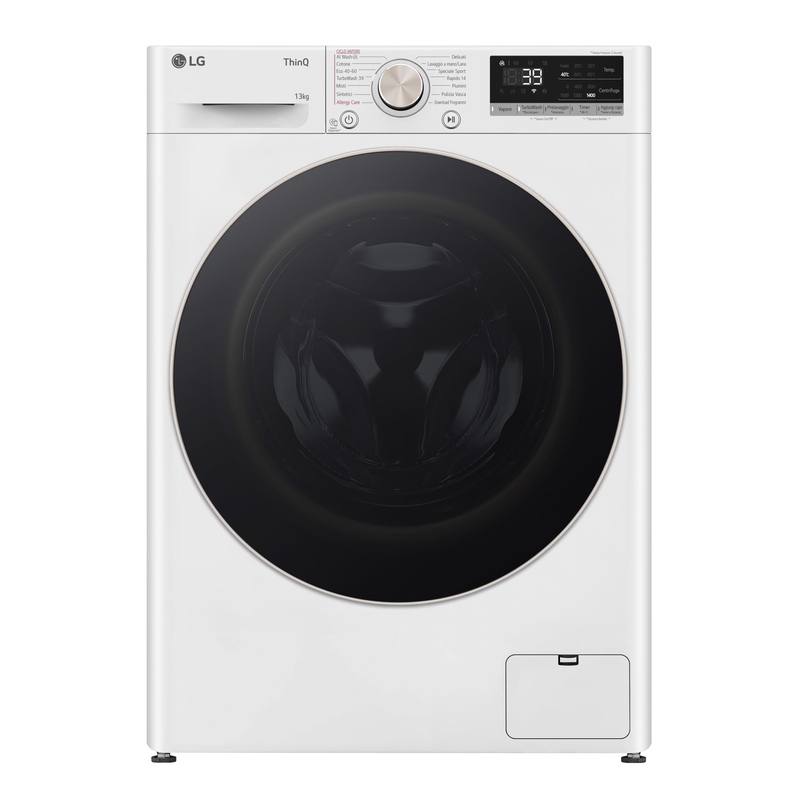 LG AI DD F4R7013TSWG Lavatrice 13kg, a Carica Frontale, Serie R7, Lavatrice Classe A -20%, 1400 giri, TurboWash 360, Vapore su 7 Programmi, Wi-Fi, Inverter Direct Drive, Libera installazione, Bianco