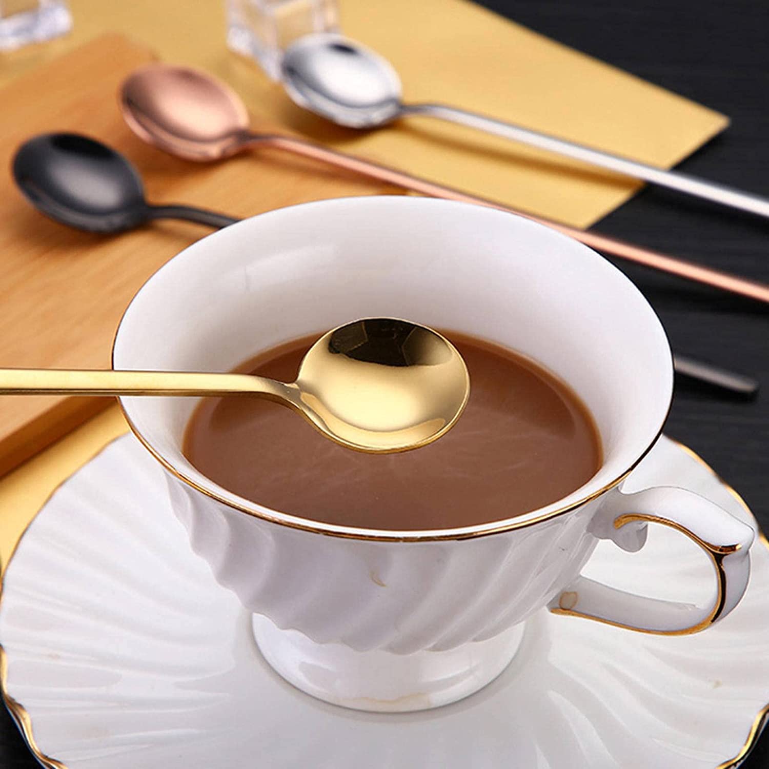 Löffel Restaurants Langer Griff Rührer Löffel Bunte Edelstahl Tee Kaffee Cocktail Mischlöffel Eislauflöffel, 12 Stück Esslöffel Hause(12pcs Rosegold Spoon,13cm)
