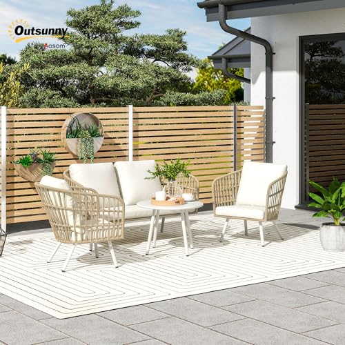 Outsunny Conjunto de Jardín Exterior de Ratán Sintético de 4 Piezas Muebles de Jardín Exterior con Sofá de 2 Plazas 2 Sillones 1 Mesa de Centro de Metal con Cojines Crema y Natural - imagen 2