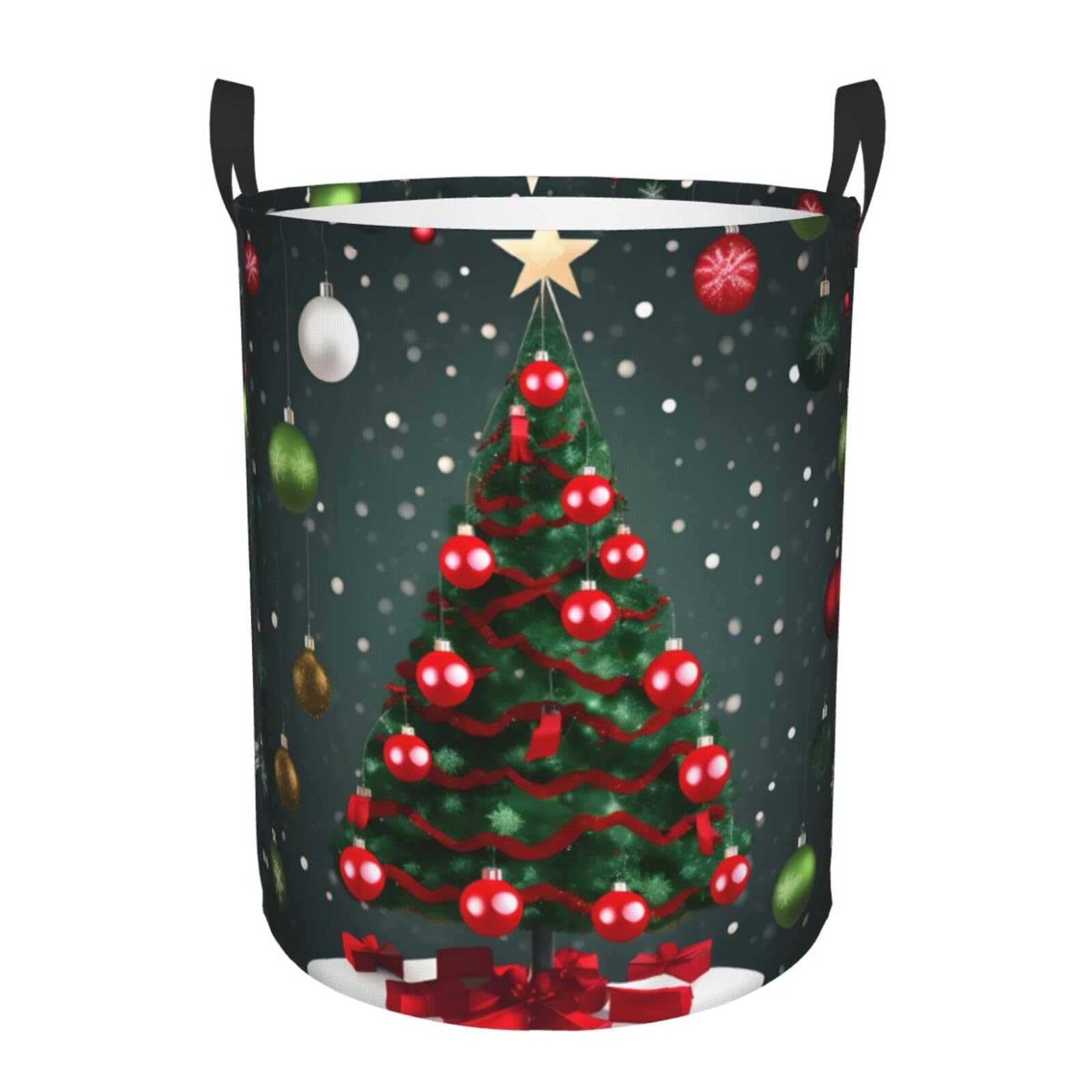 M Collapsible Round Christmas Tree and ball Print Laundry Hamper