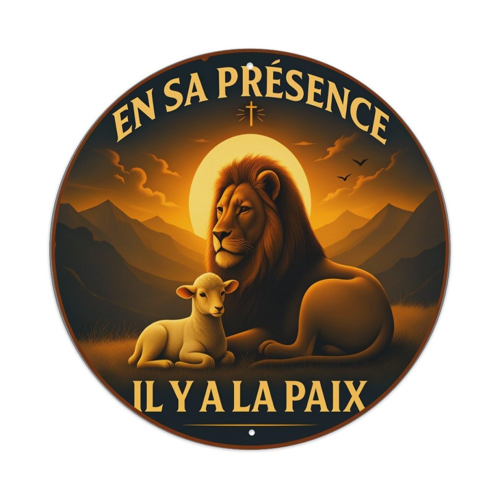 Lion And Lamb Peaceful Scene Round Tin Sign Vintage Metal Poster Retro Bar, Home, Man Cave, Kitchen, Laundry Room Wall Art Decor Gift 8x8In