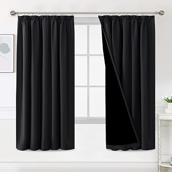 BellaHills 100% Blackout Curtains for Bedroom Thermal Insulated Curtains & Drapes Blackout Curtains Pencil Pleat Curtains for Living Room with Black Liner 2 Panels, 66 x 72 Inch, Black