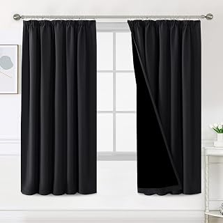 Cortinas 100 % opacas para dormitorio, con aislamiento térmico, cortinas opacas plisadas para sala de estar, con forro negro, juego de 2 paneles, 46 x 72 pulgadas, color negro