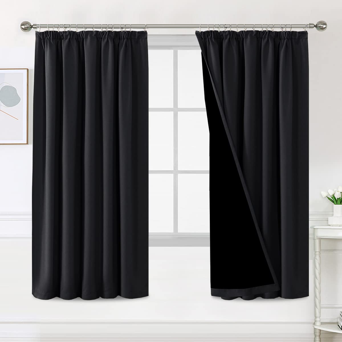 Bellahills Black 100% Out Curtains For Bedroom Thermal Insulated Curtains & Drapes Out Curtains Pencil Pleat Curtains For Living Room With Liner 2 Panels, 66 X 72 Inch,