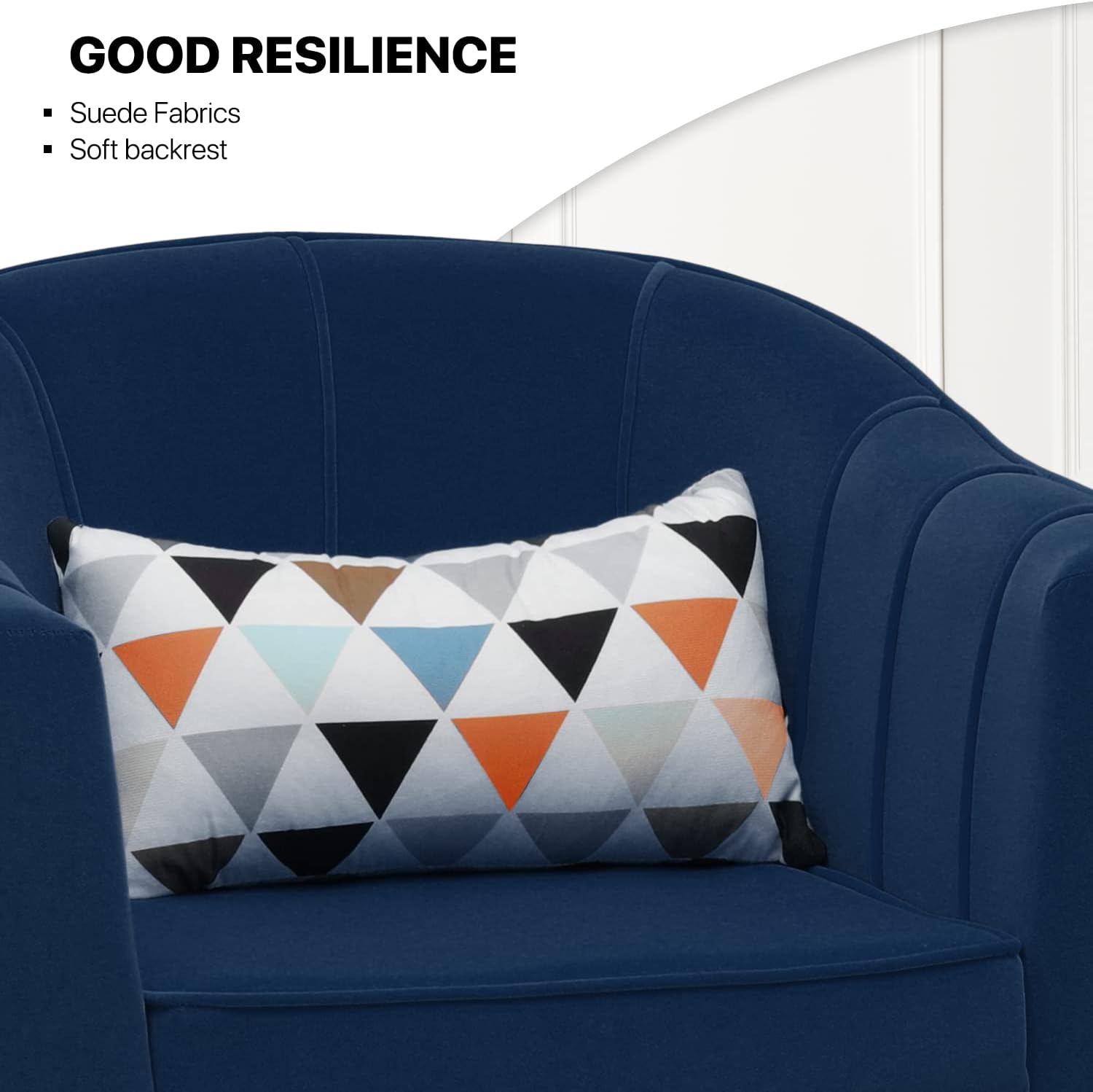 MoNiBloom Modern Accent Chair with Lumbar Pillow, Mid-Century Modern Sude Single Sofa Arm Chair for Living Room, Durable Upholstered Comfy Barrel Chair w/Gold Metal Legs and Wide Armrest, Navy Blue