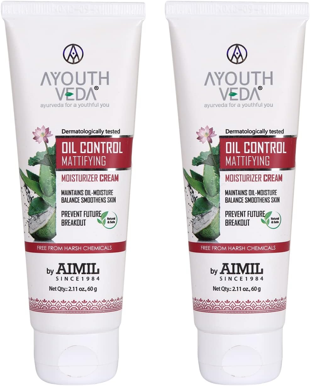 Ayouthveda Oil Control Mattifying Moisturizer Cream | Calms Skin Redness & Prevents Breakouts | Nourishes & Smoothens Skin With Green Tea, Aloe vera & Coconut Water (Pack of 2-60g each)