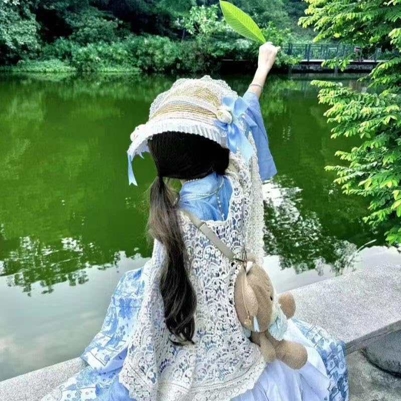 Sombrero victoriano de fiesta de té para mujer, con lazos de Lolita, sombreros de paja planos para mujer, sombrero de ala ancha con cordón de viento 7
