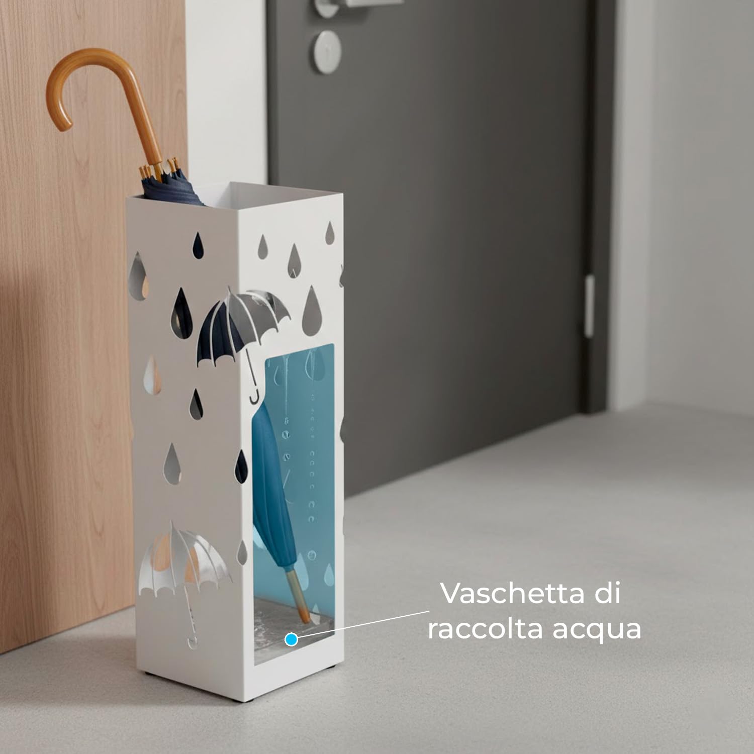 Arreditaly Portaombrelli In Acciaio Zincato Con Vaschetta Scolapioggia E 4 Ganci Removibili Base Antiscivolo Design Moderno Per Ingresso Casa e Ufficio 49 x 15.5 x 15.5 Cm (Bianco)