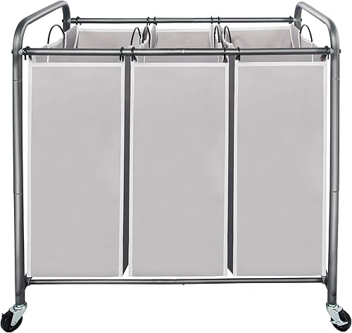 STO STO Clasificador de ropa sucia de 3 secciones, cesta de ropa con 3 bolsas, cesta de lavandería con ruedas resistentes y bolsa extraíble para