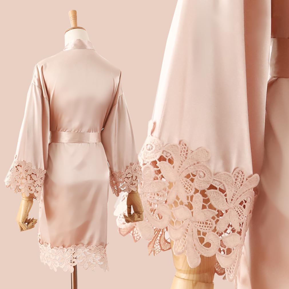 Women Lace Trim Robe Short Kimono Gown Silky Bathrobe for Bride Bridesmaid Nightgown - Image 5