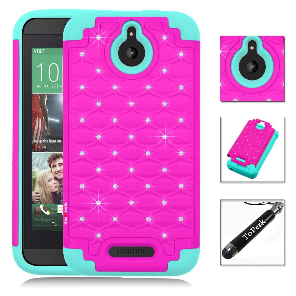 HTC Desire 510 Case, ToPerk Luxury Spot Diamond Dual Layer Armor Case + Free HD Screen Protector & ToPerk Stylus Pen As Bundle Sale - Hot Pink/Teal