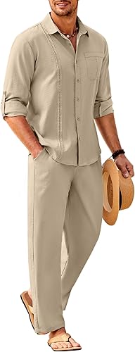 COOFANDY Conjunto de 2 piezas de lino para hombre, camisa y pantalones cubanos con botones y manga larga, conjunto de verano para la playa