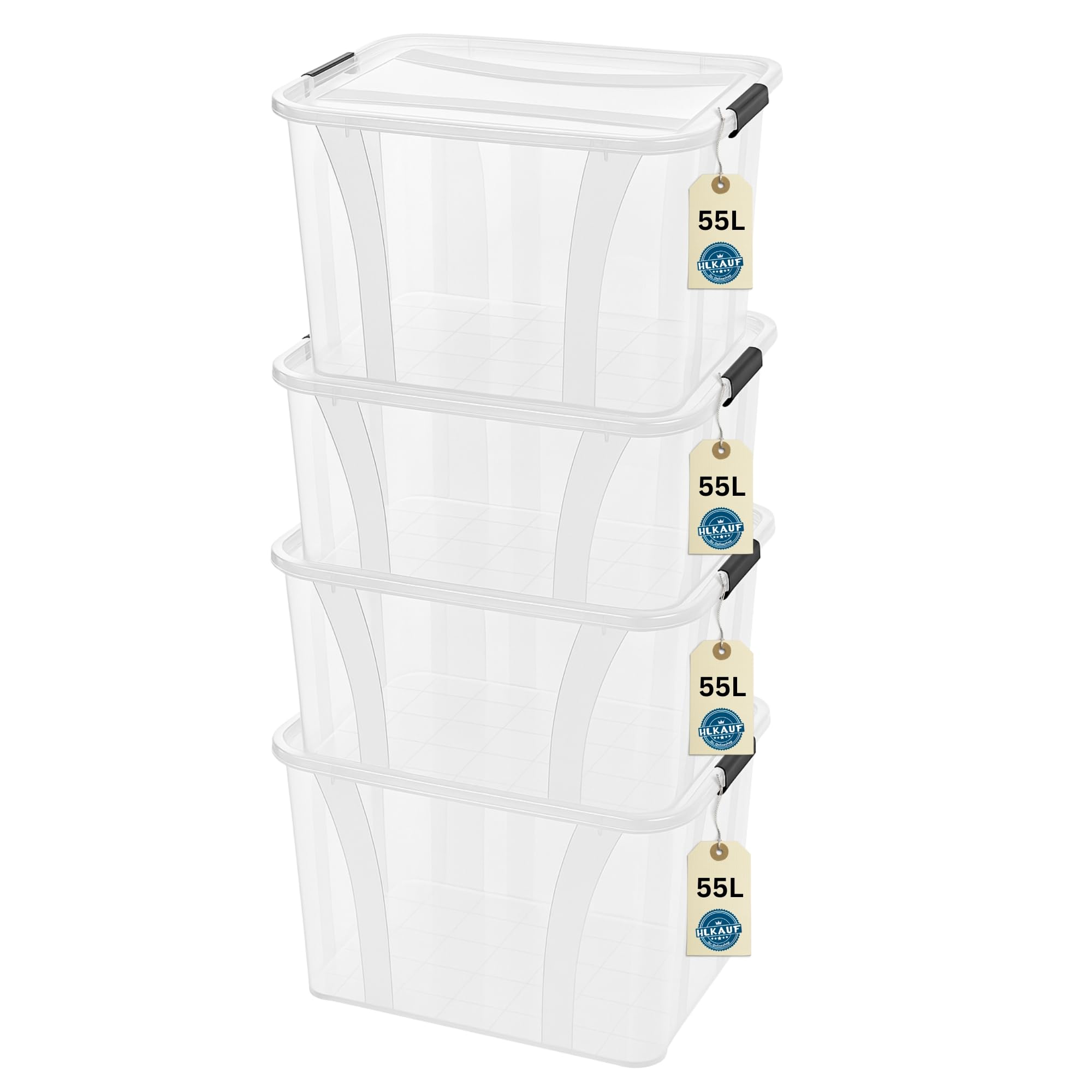 Aufbewahrungsboxen 4x 55Liter mit Deckel, lebensmittelecht - Verschlussclips - 100% Neumaterial Plastik-Box transparent - Kleiderboxen stapelbar & HLKauf-Block