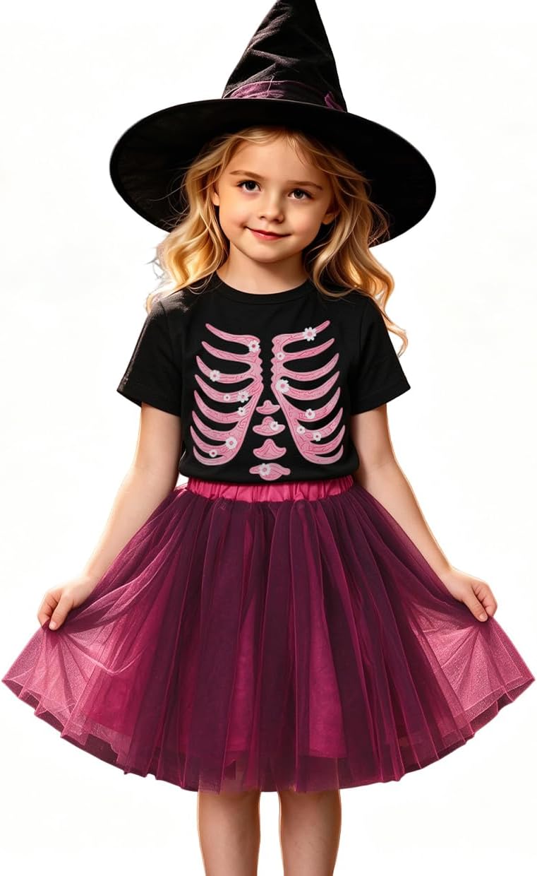 MODNTOGA Toddler Girls Halloween Outfit Set Skeleton Ribcage Print T-Shirt Pink Tulle Tutu Skirt Spooky Season Party Clothes