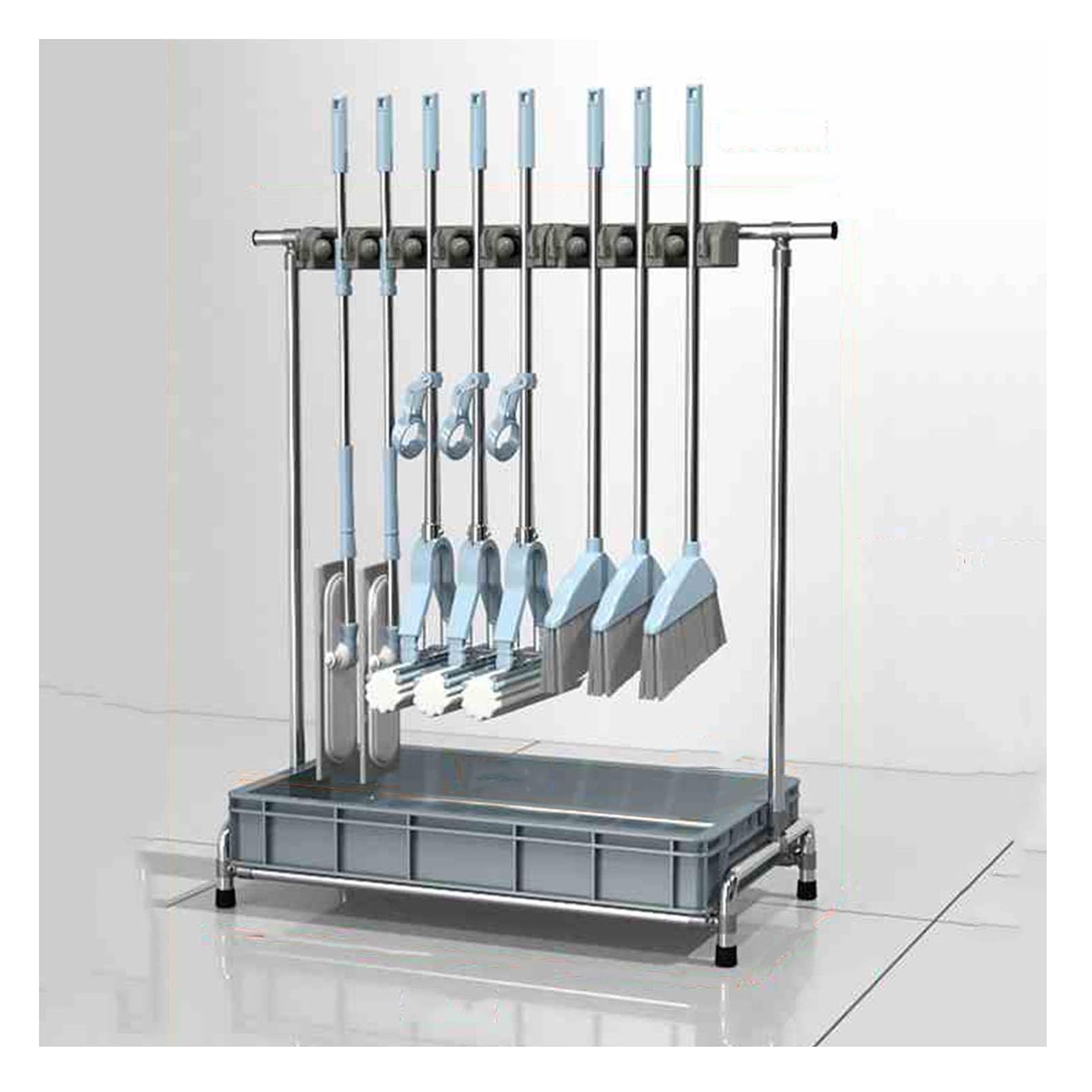 ASerZenith Stainless Steel Mop And Broom Rack With Water Basin - Organizer Storage Tool For Yard And Home Cleanliness(10Hooks-100X110X42Cm)