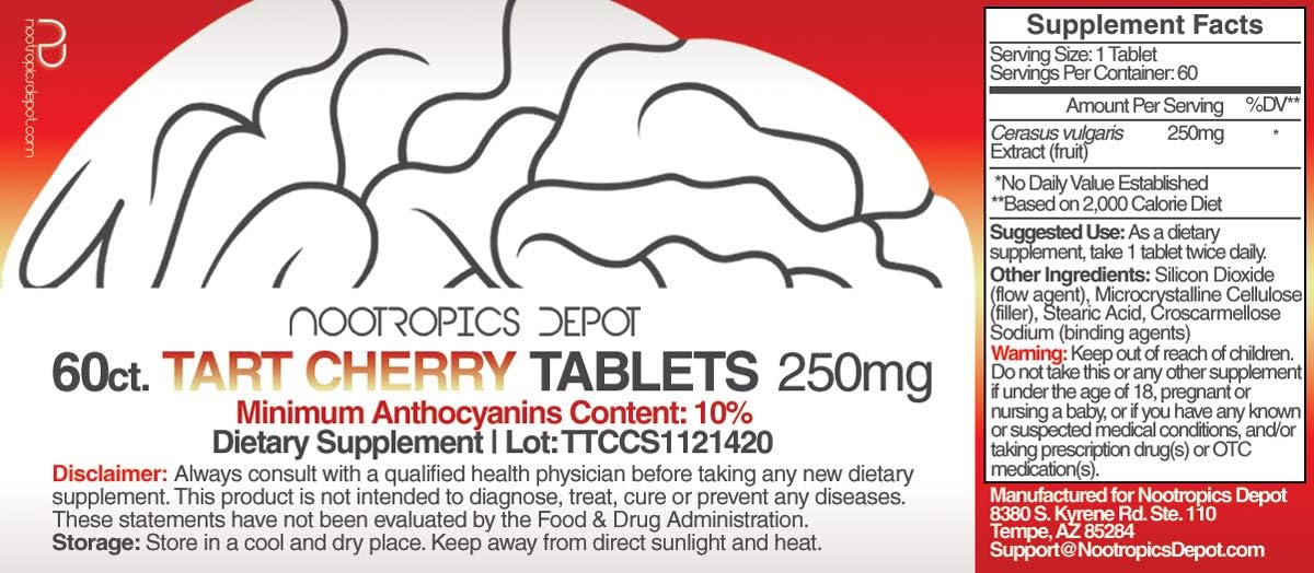 Nootropics Depot Tart Cherry Extract Tablets | 250mg | 60 Count | 10% Anthocyanins | Supports Balanced Oxidation & Inflammation Levels | Promotes Physical Strength & Energy