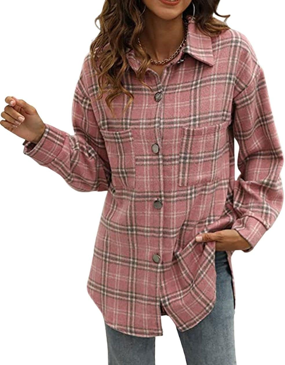 loveimgs Women's Fashion Long Sleeve Button Front Loose Flannel Plaid Shirt Shacket Jacket - Image 2