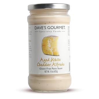 Daves Gourmet Aged White Cheddar Alfredo Pasta Sauce - Rich & Creamy Flavor - Alfredo Sauce - Ideal for Pasta, White Pizza, Enchiladas & More - Gluten Free - 15oz Jar Pack of 1