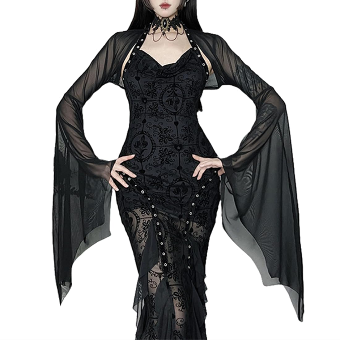 Women Goth Cropped Shrugs Bell Sleeve Black Cover Ups Sheer Bolero Shrug Y2k Crop Top