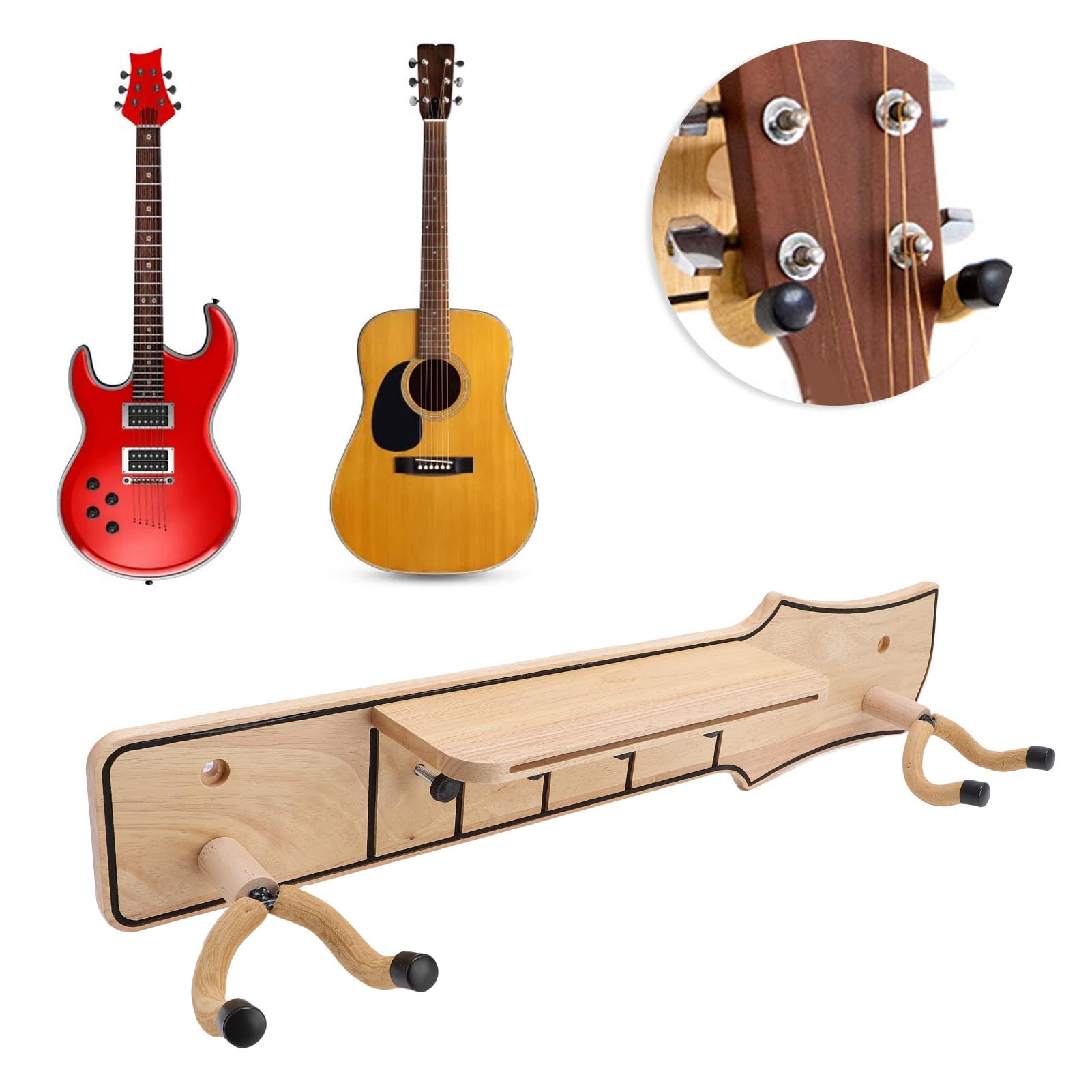 Soporte de Pared para Guitarra con Estante y Soporte para Púas Elegante de Madera Firme y Duradero Perfecto Espacios Ensayo Material único Madera Maciza