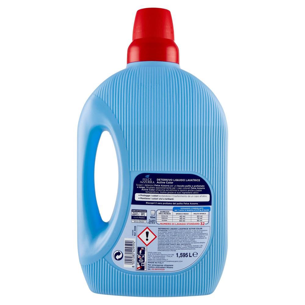 Confezione da 8 Felce Azzurra Lavatrice Active Color, detersivo liquido per lavatrice, efficace a freddo, per bucato colorato, 32 lavaggi 1595ml