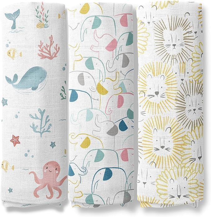 haus & kinder Animal Arcade Collection 100% Cotton Muslin Baby Swaddle Wrap for New Born, Size 100 cm by 100 cm - Pack of 3 (Ocean, Elephant, Lion)