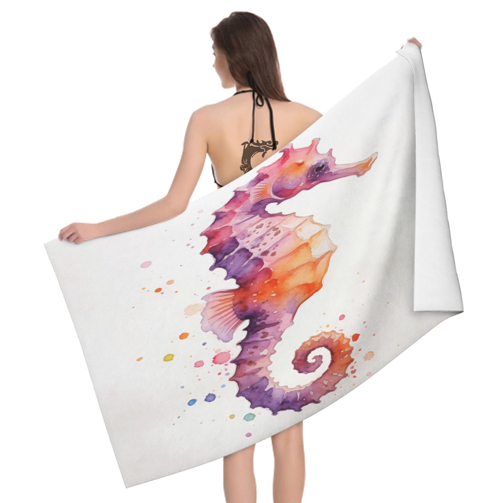 Leichong 3D 3D Seahorse Beach Towel Microfiber Soft Quick Dry for Adults, Watercolor Illustration Bath Towel Lightweight Soft Absorbent for Travel Swimming Pool Sports, 75 x 150 cm