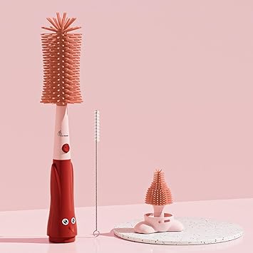 R for Rabbit Hygo Care Bunny 3-in-1 Cleaning Brushes for Baby Bottles, Straw & Nipple, BPA-Free Soft Silicone Bristles, Easy to Clean Bottles Corner, Hidden Storage & Adorable Design Cleaner (Red) - image, photos