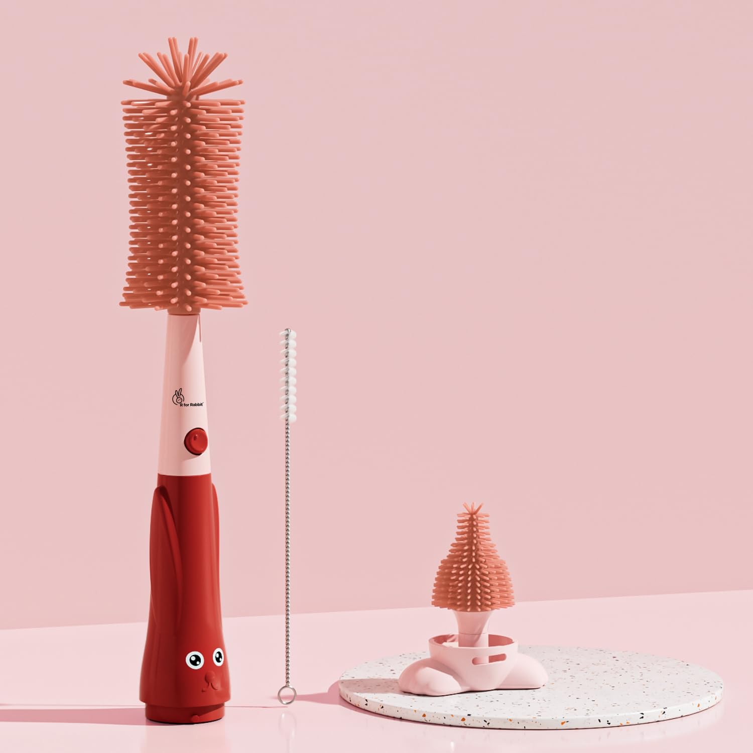 R for Rabbit Hygo Care Bunny 3-in-1 Cleaning Brushes for Baby Bottles, Straw & Nipple, BPA-Free Soft Silicone Bristles, Easy to Clean Bottles Corner, Hidden Storage & Adorable Design Cleaner (Red)
