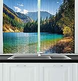 Ambesonne Landscape Kitchen Curtains, View of National Park in China Arrow Lake Autumn Colored Woods Mountains, Window Drapes 2 Panel Set for Kitchen Cafe Decor, 55' x 39', Green and Blue
