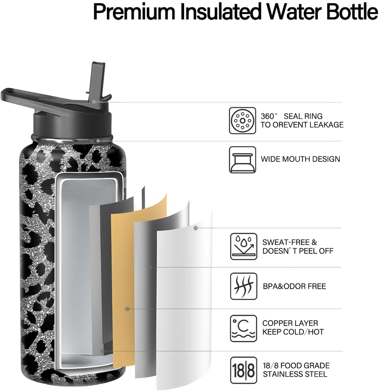 18oz Leopard Water Bottle with Handle and Flip Straw, Sports Stainless Steel Insulated Cup Travel Coffee Mug Tumbler, Birthday Mothers Day Chritmas Gifts for Women - Image 3