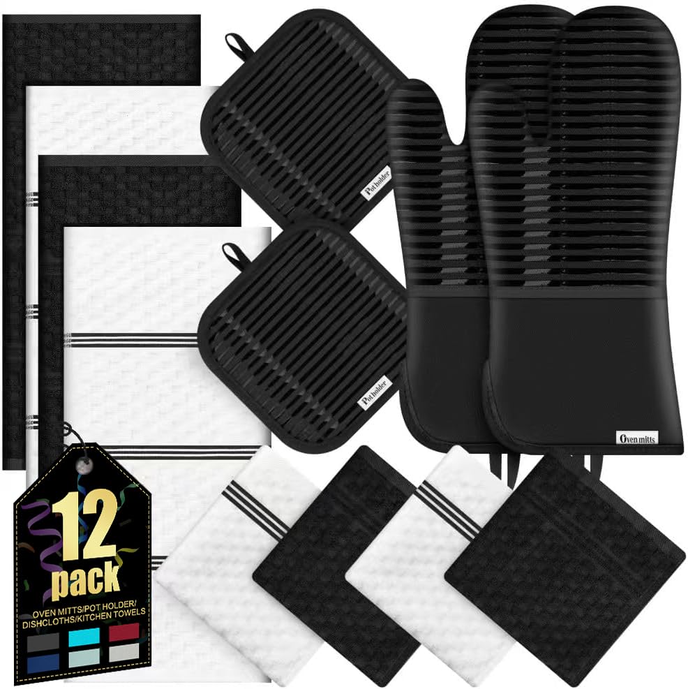 Oven Mitts Kitchen Towels and Dishcloths with Pot Holders Sets, Oven Gloves Hot Pads 500°F Heat Resistant with Silicone Grip, Include 2 Cooking Gloves/2 Potholders/4 Kitchen Towels/4 Dish Towels