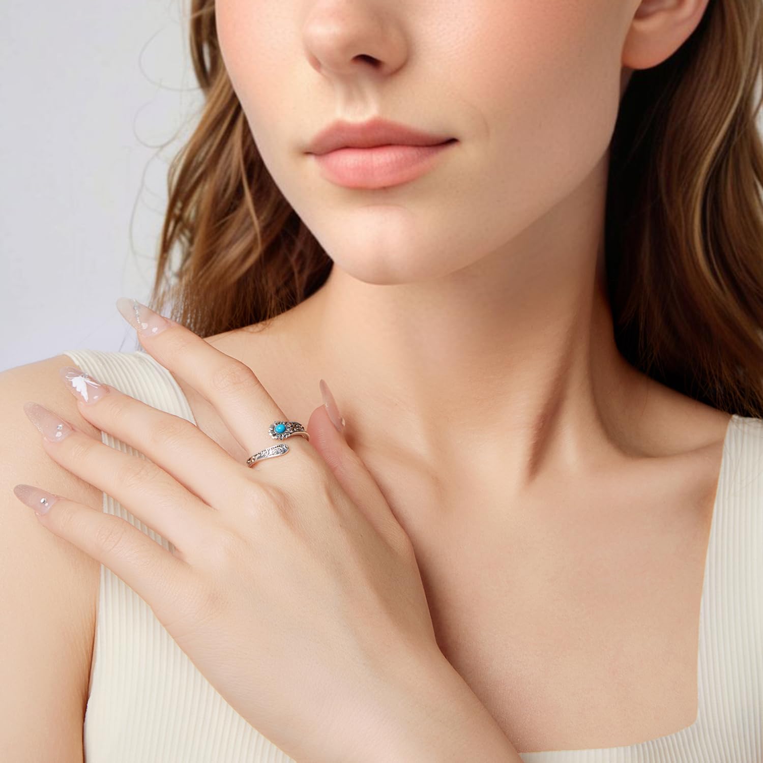 Shysnow Spoon Rings for Women 925 Sterling Silver Vintage Antique Lotus/Sunflower Spoon Adjustable Thumb Ring with Turquoise Flower Jewelry Present for Christmas Mother's Day Birthday - Image 5