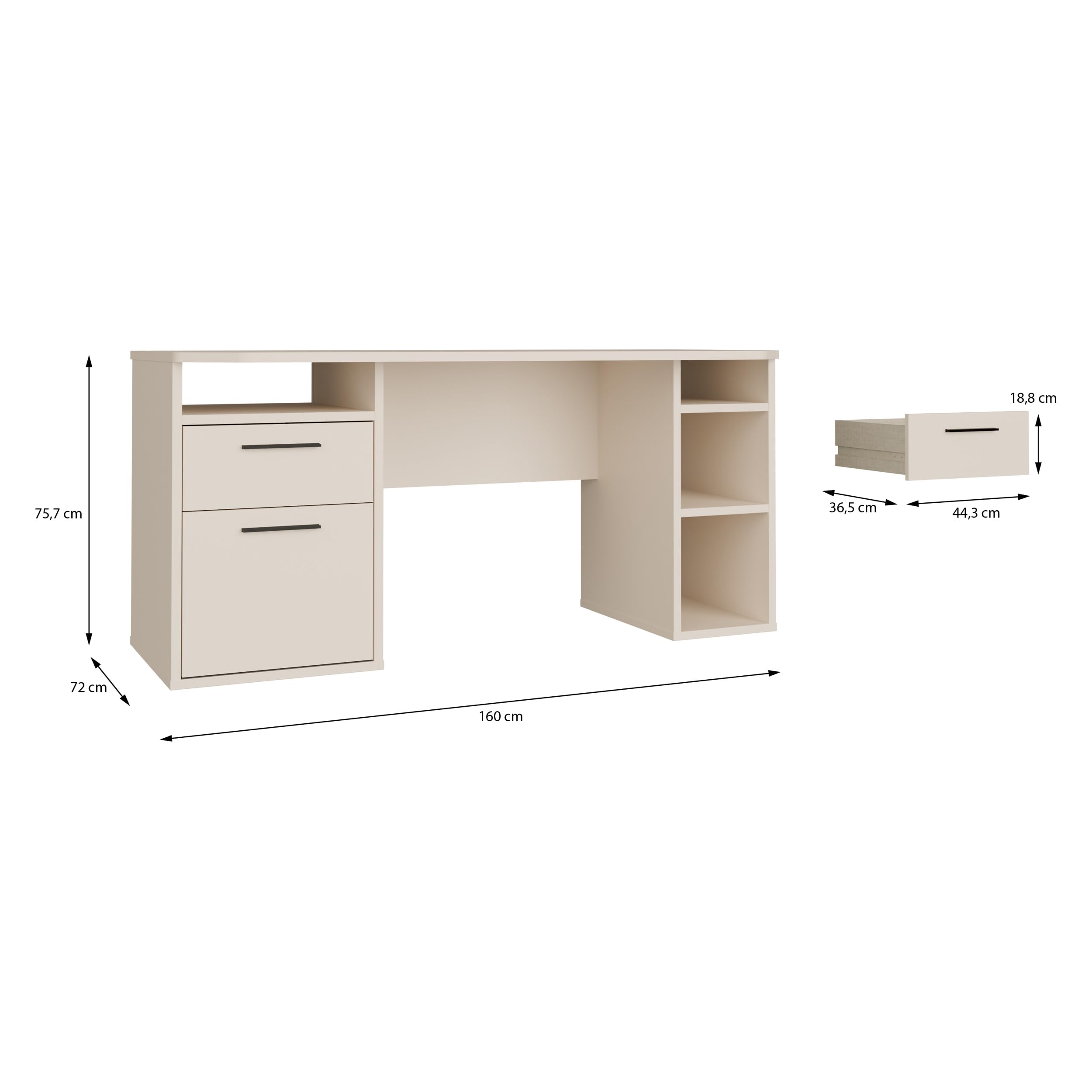 Forte TEZAUR Schreibtisch 160, moderner Schreibtisch mit Schublade, Tür und vielen Fächern, Jugendzimmer, Büro, Holzwerkstoff, Kaschmir Beige, 160 cm breit x 75,7 cm hoch x 72 cm tief