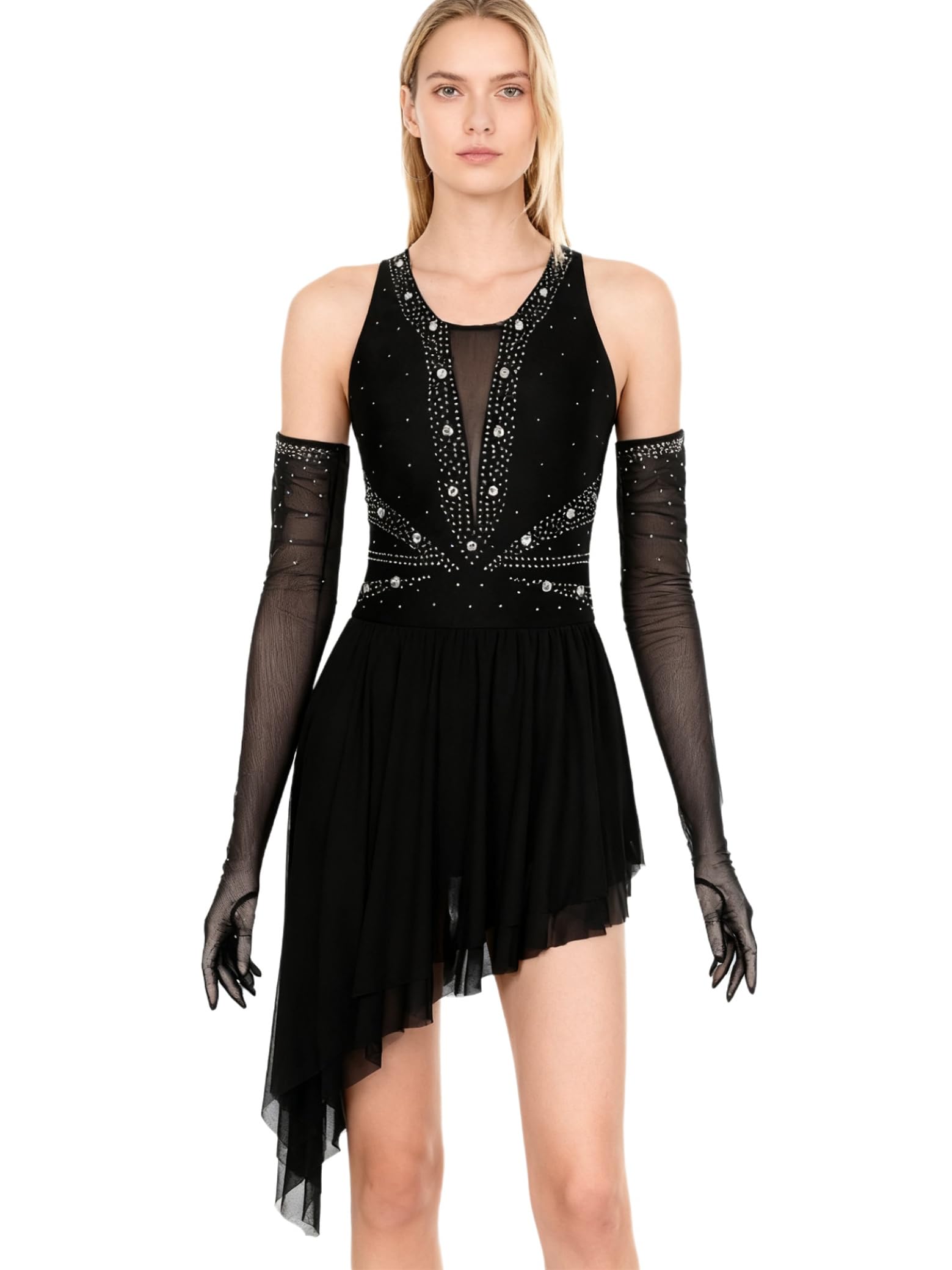 Sxiwei Ensemble Robe Patinage Artistique Femme Justaucorps Strass Asymétrique Robe Danse sur Glace Gymnastique