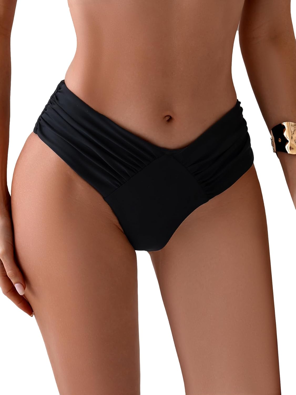 GORGLITTER Women's Ruched Cheeky Bikini Bottom High Waisted V Cut Thong Swimsuits Bathing Suit Bottoms Beach Swim Wear