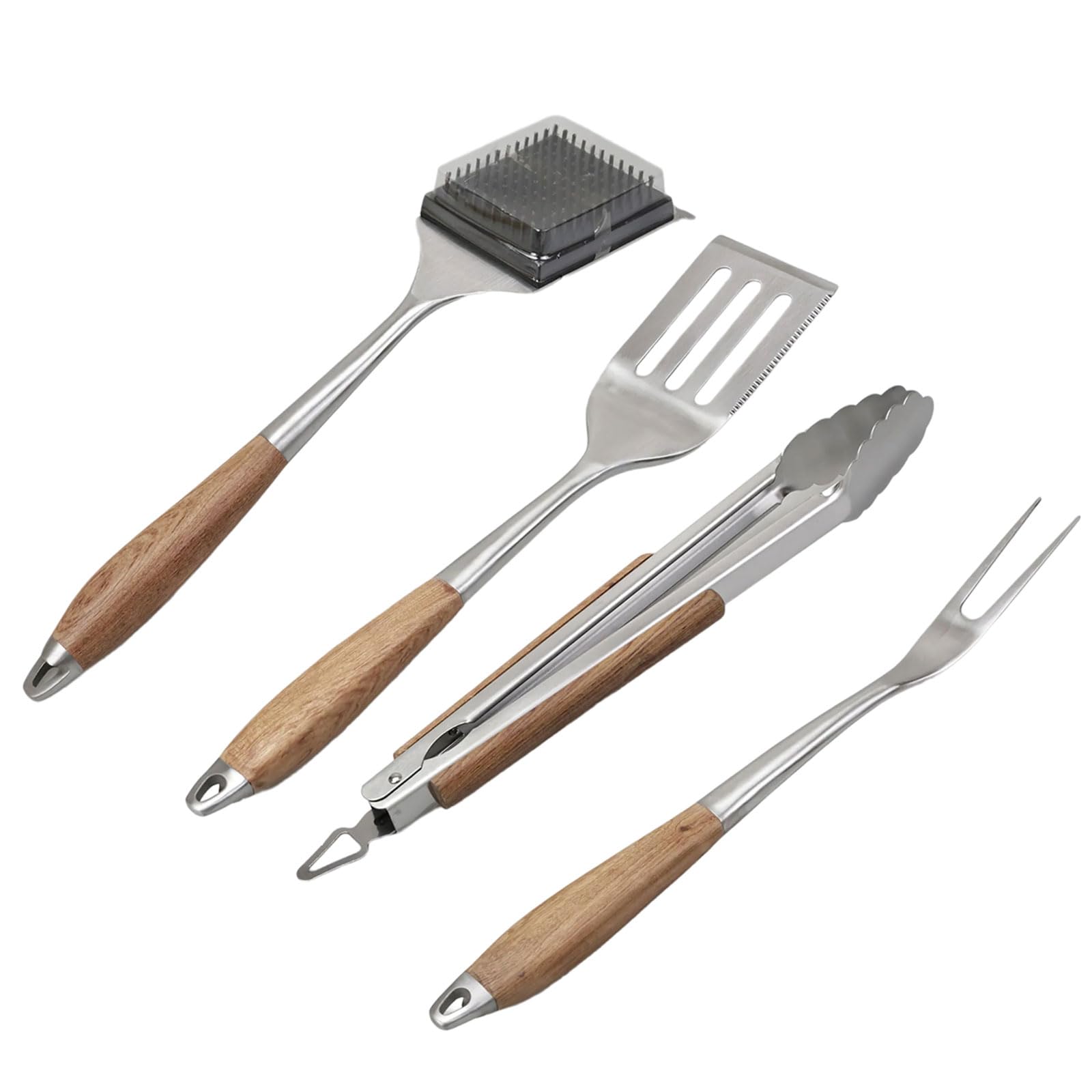 Barbecue Grillbesteck Set, Grillbesteck aus Edelstahl mit Holzgriffen, Kochbesteck mit langem Grillen Freien, Grillbesteck Set aus Edelstahl, Grillbesteck aus Holz