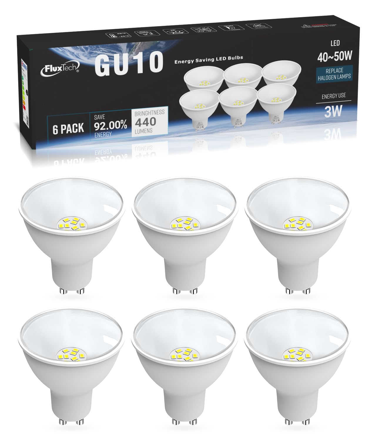FluxTech GU10 LED Bulbs Cool White 6000K, Energy Class C, 3W 410lm LED Light Bulb, 40W 50W Equivalent, 110° Wide Angle Beam Non-Dimmable, 6 Pack