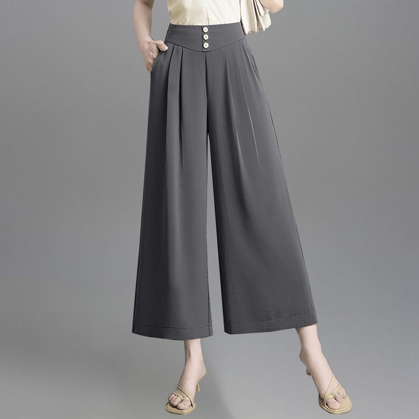 Palazzo - Pantaloni da lavoro da donna, eleganti, in vita elasticizzata, tinta unita, con pieghe, casual, da lavoro, morbidi, comodi, da ufficio, per il tempo libero, 7/8, con tasche