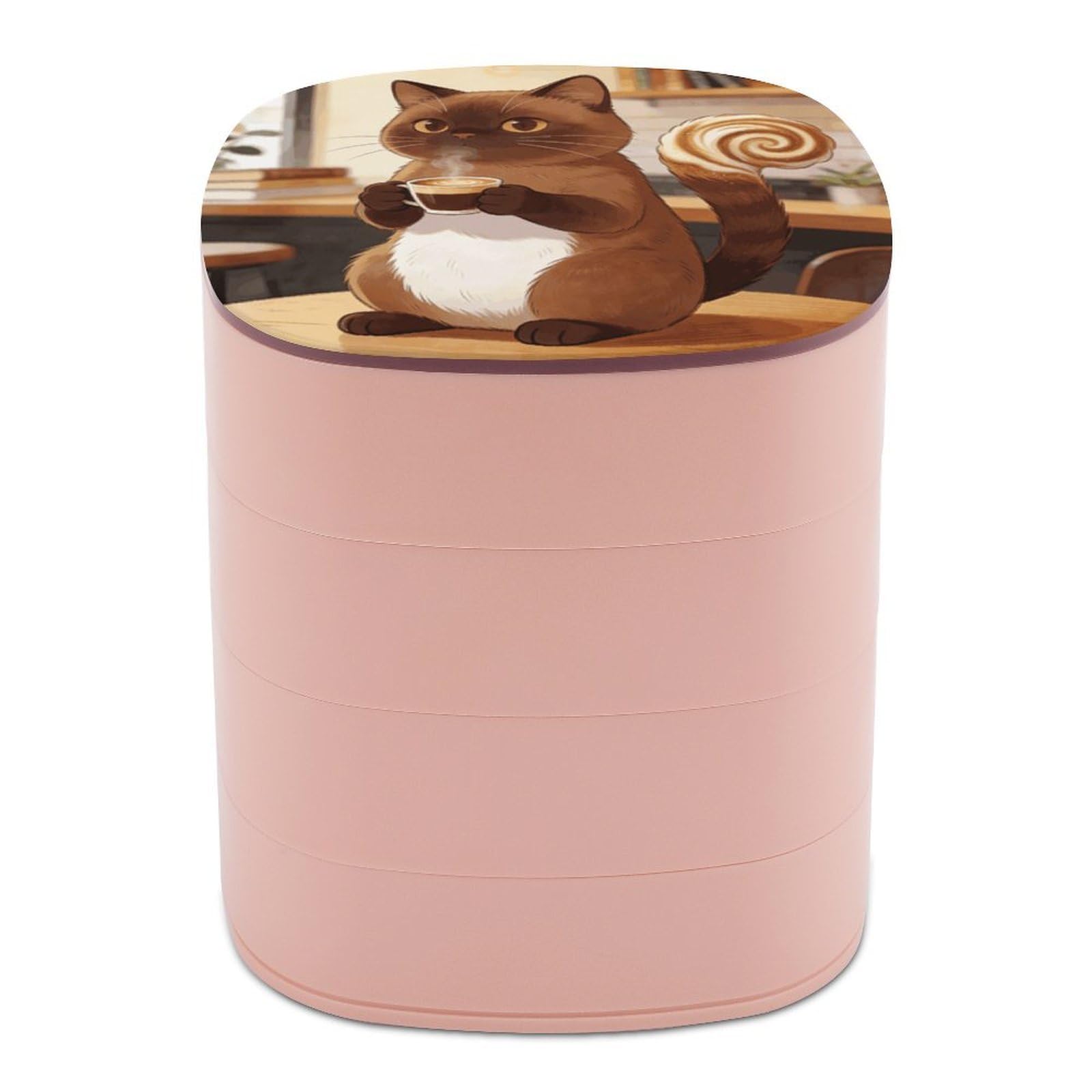 VstaDank Coffee Cat Jewelry Box with Mirror Travel Small Jewelry Case for Women 4-Layer Rotatable Jewelry Organizer Storage Box Portable Jewelry Storage Case for Rings Earrings