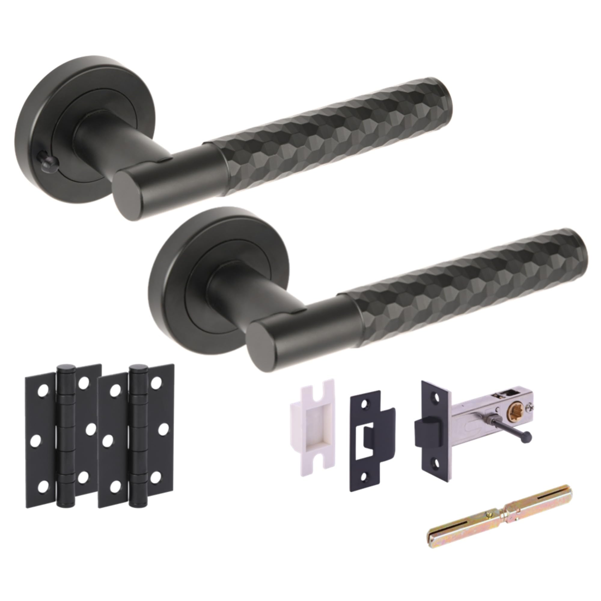 Hunta Black Matt Handlezone® Roca Diamond Cut Knurled Privacy Door Handle Pack, Complete With Lever Handles, 76Mm Latch, 75Mm Ball Bearing Hinges
