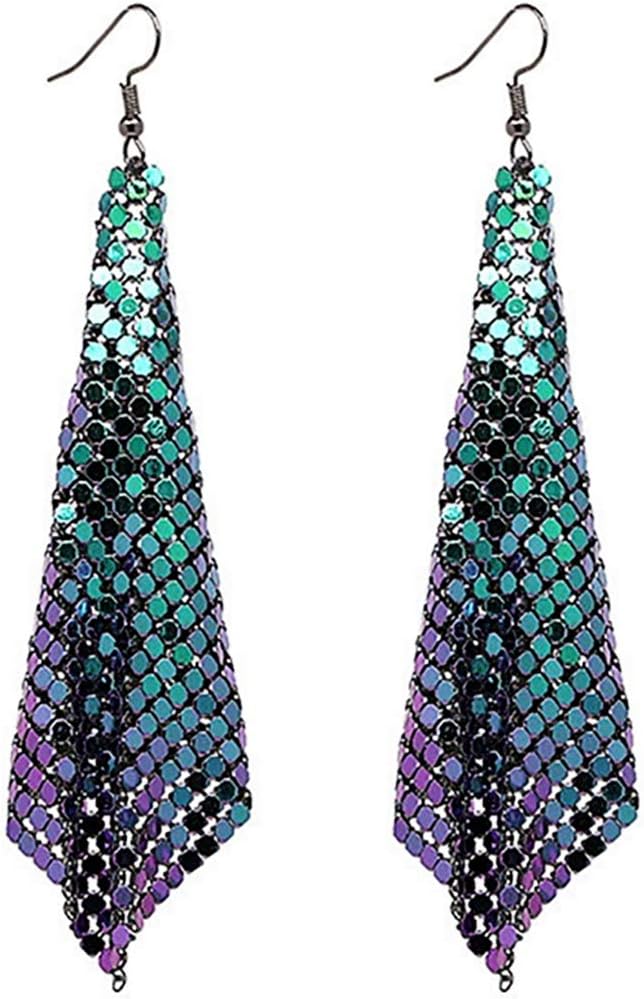 Trendy Women Earrings Metal Mesh Grid Sequins Tassel Long Drop Dangle Earrings