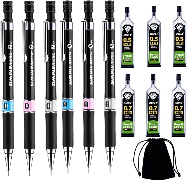 BEHAHAI 13 PCS Mechanical Pencil Set, 6 PCS HB Mechanical Pencils 0.5mm & 0.7mm, 6 Cases Pencil Lead Refills 0.5 & 0.7 with Black Velvet Bag Automatic Pencil Set for Writing, Drawing, Signature