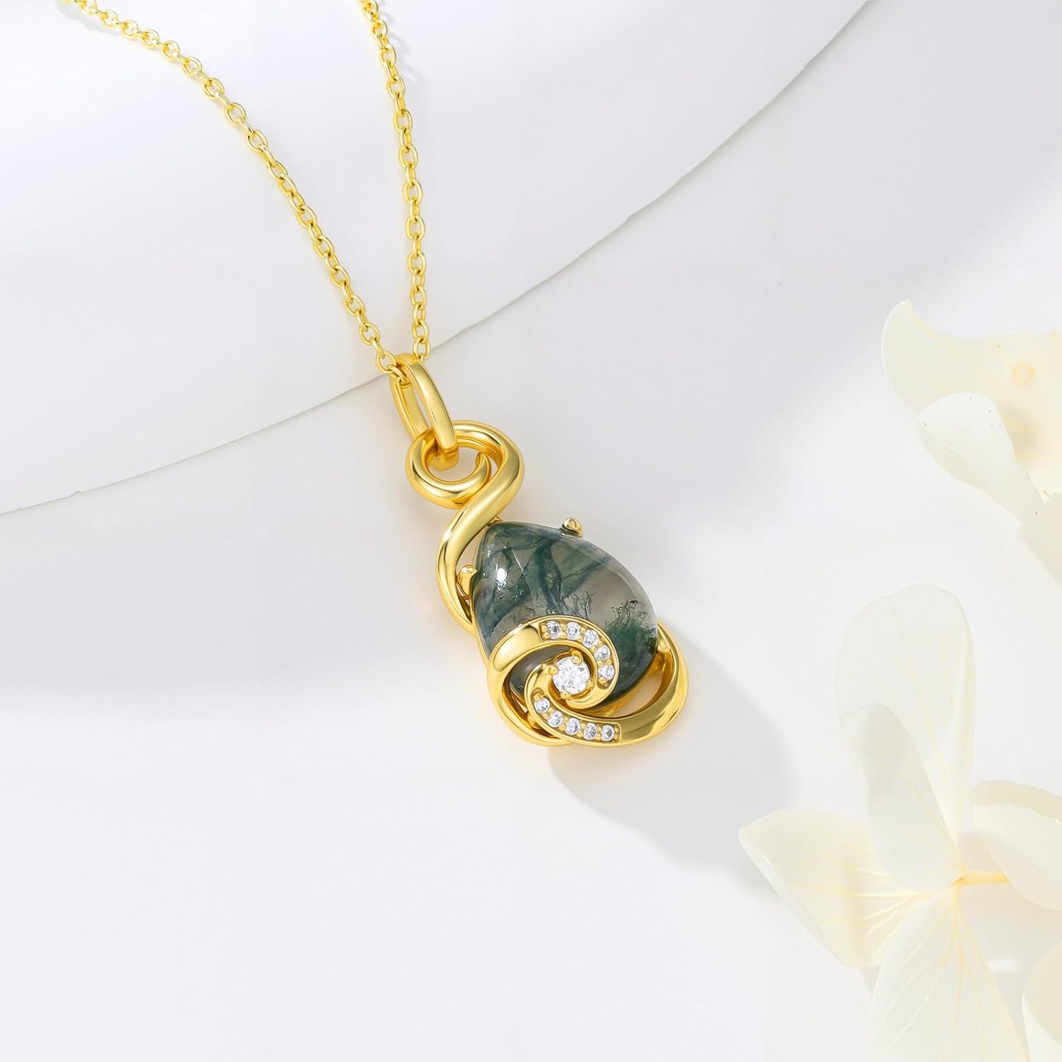 14K Gold Plated Moss Agate Genuine Diamond Necklace Dainty Pear Natural Moss Agate Pendant Necklace Diamond Jewelry Anniversary Birthday Christmas Gifts for Women Mom Her - Image 5