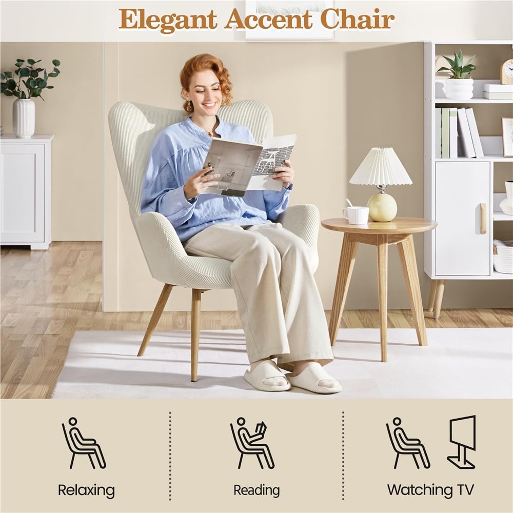 Yaheetech Ohrensessel eleganter Armsessel aus Cordstoff mit Klappbarer Rückenlehne Sessel bis belastbar Sessel fürs Wohnzimmer/Schlafzimmer Beige – Bild 8